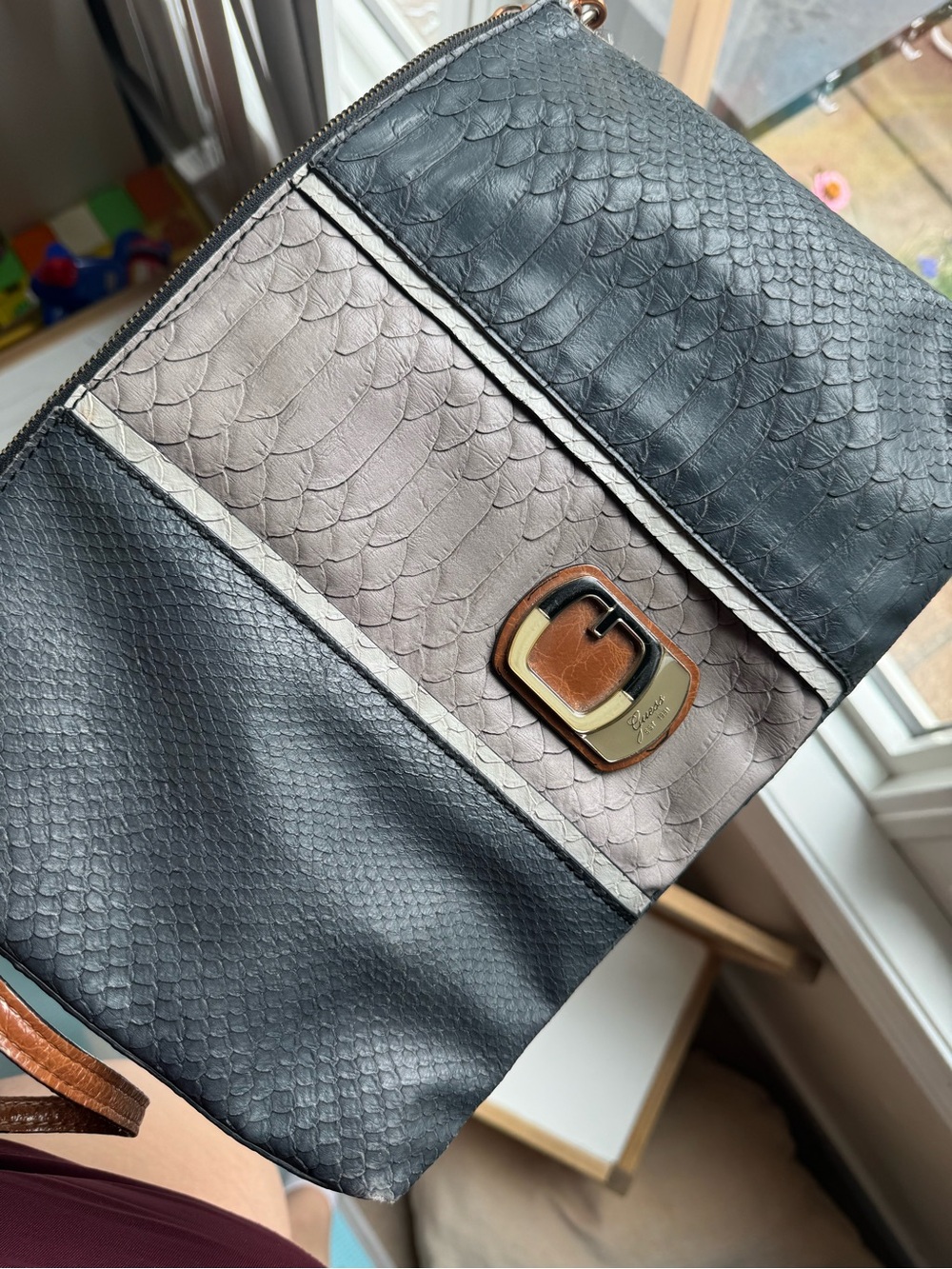 G by Guess Black and Taupe Textured Shoulder Bag with Buckle Detail